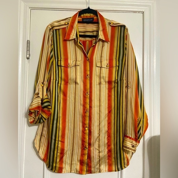 Jones New York women's 1X button front stripe blouse with enamel buttons EUC - Picture 1 of 7